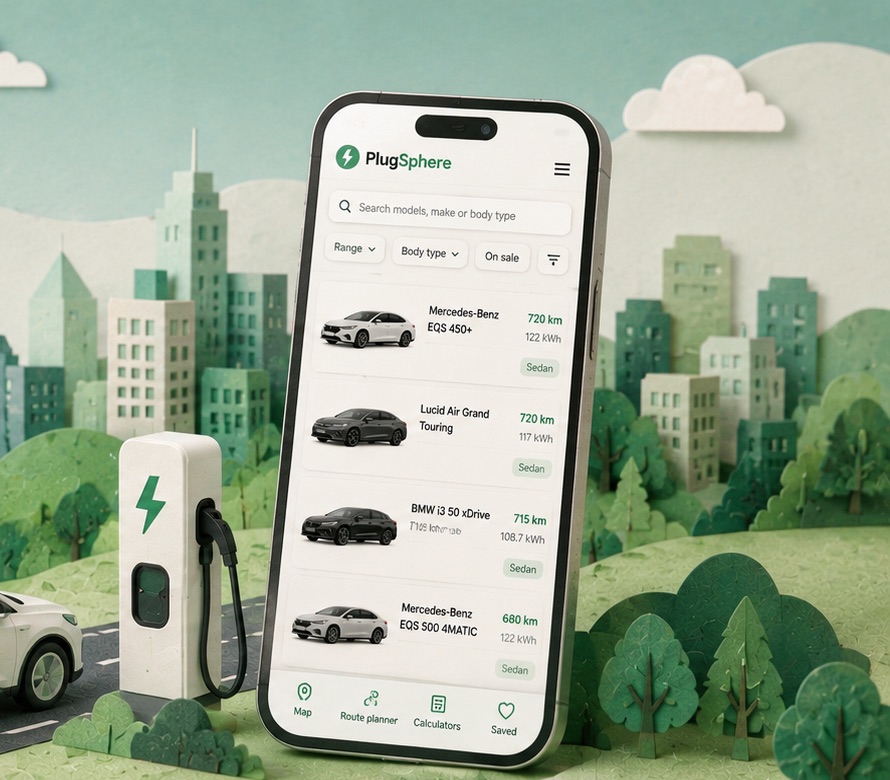 Paper-craft scene of an electric car charging next to a phone showing the PlugSphere EV database