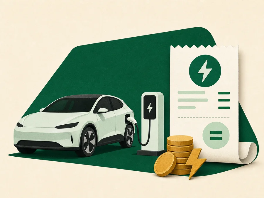 Electric car charging beside an energy receipt and coin stack