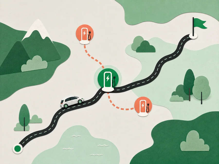Electric car route with a main charging stop and two backup chargers